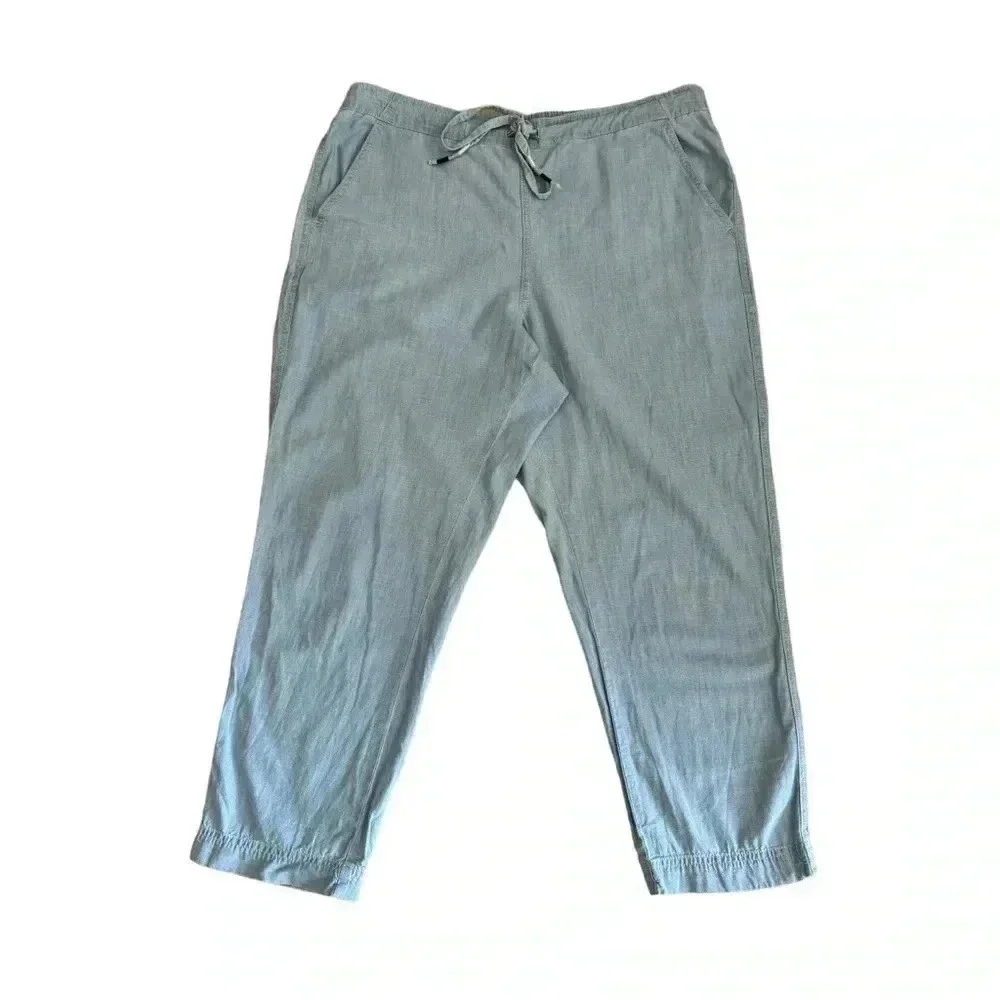 J Crew Blue Cotton  Soft Casual Ankle Length Pull On Pockets Pants SZ L #1966